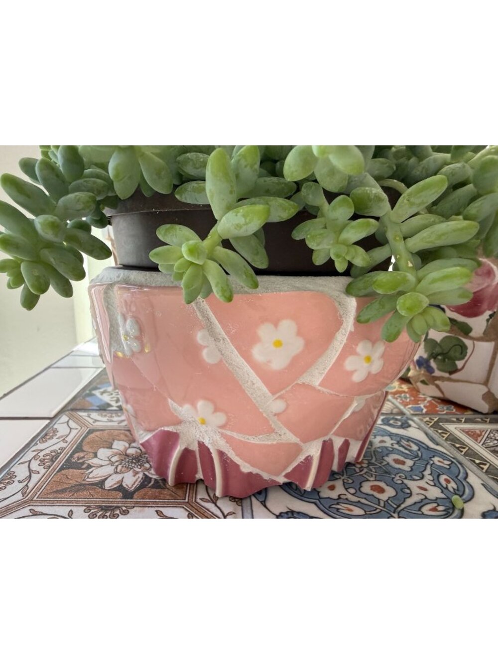 Mosaic Art Tile ~ Planter Container ~ Hand Crafted ~ Flower Garden Pot ~ Pinky